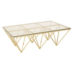 Alluras Glass Coffee Table With Gold Spike Triangles Base