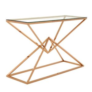 Armenia Glass Console Table In Clear With Rose Gold Steel Frame