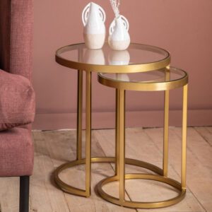 Rower Clear Glass Top Nest Of 2 Tables With Gold Metal Base